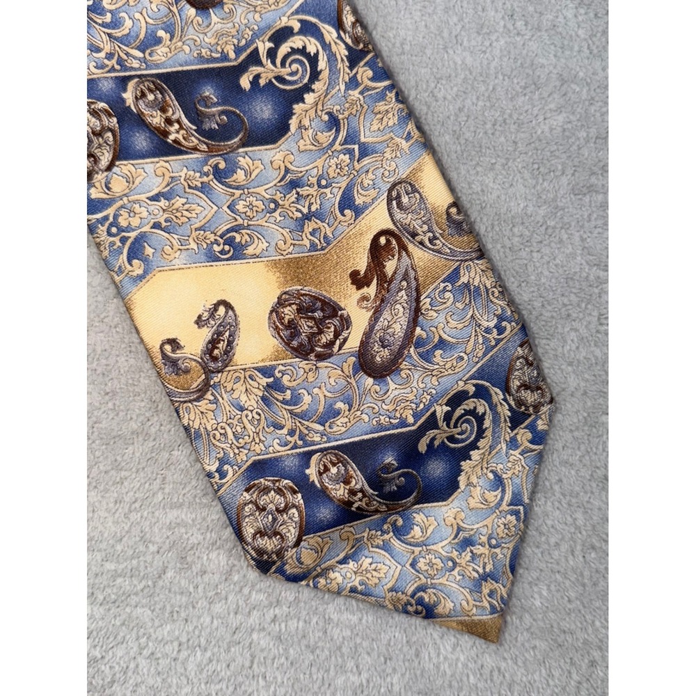 Oscar de la Renta Mens Silk Tie Blue Gold Paisley Baroque Striped Necktie